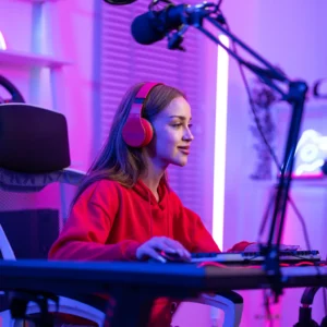 Joven gamer con auriculares frente a un computador en un entorno iluminado con luces de neón, representando la conexión digital y el auge de los e-sports.