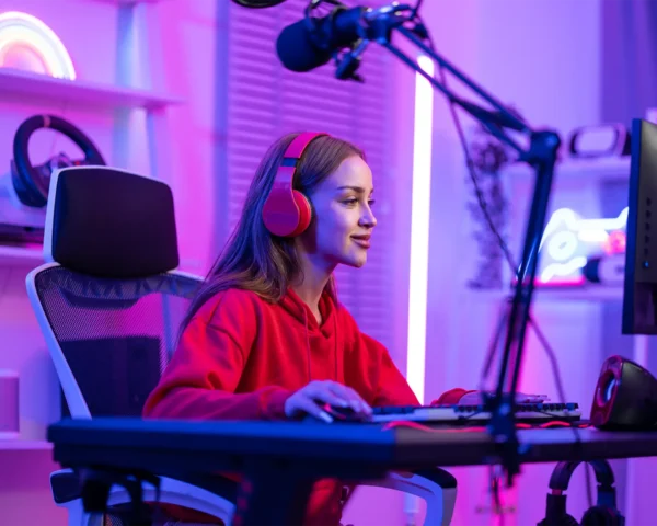 Joven gamer con auriculares frente a un computador en un entorno iluminado con luces de neón, representando la conexión digital y el auge de los e-sports.