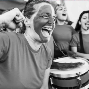 Aficionados celebrando con entusiasmo mientras tocan tambores, capturando la energía y emoción de un evento deportivo vibrante.