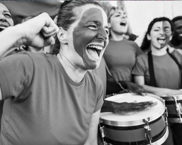 Aficionados celebrando con entusiasmo mientras tocan tambores, capturando la energía y emoción de un evento deportivo vibrante.